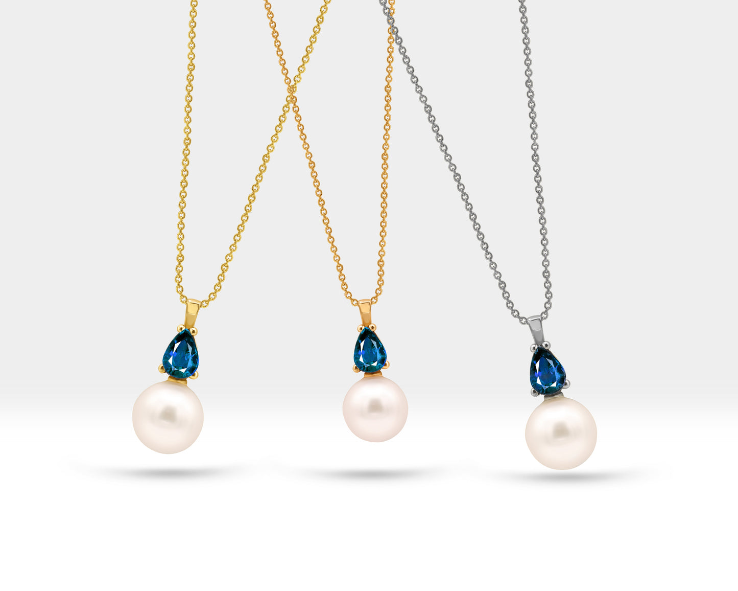 Damla Safir İnci Kolye, 14K Sarı-Beyaz-Kırmızı Altın | LN00005PS