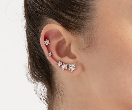 Yıldız Pırlantalı Piercing, 8 MM , 1.2 MM, 14K Sarı-Beyaz-Kırmızı Altın | LP00019D