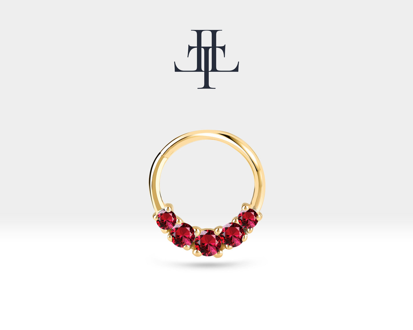 Beş Taşlı Yakutlu Halka Piercing, 12 MM , 1.2 MM, 14K Sarı-Beyaz-Kırmızı Altın | LC00020R