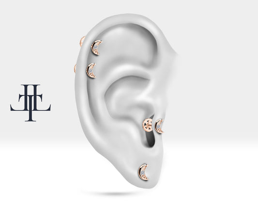 Minik Hilal Pırlantalı Piercing, 8 MM , 1.2 MM, 14K Sarı-Beyaz-Kırmızı Altın | LP00015D