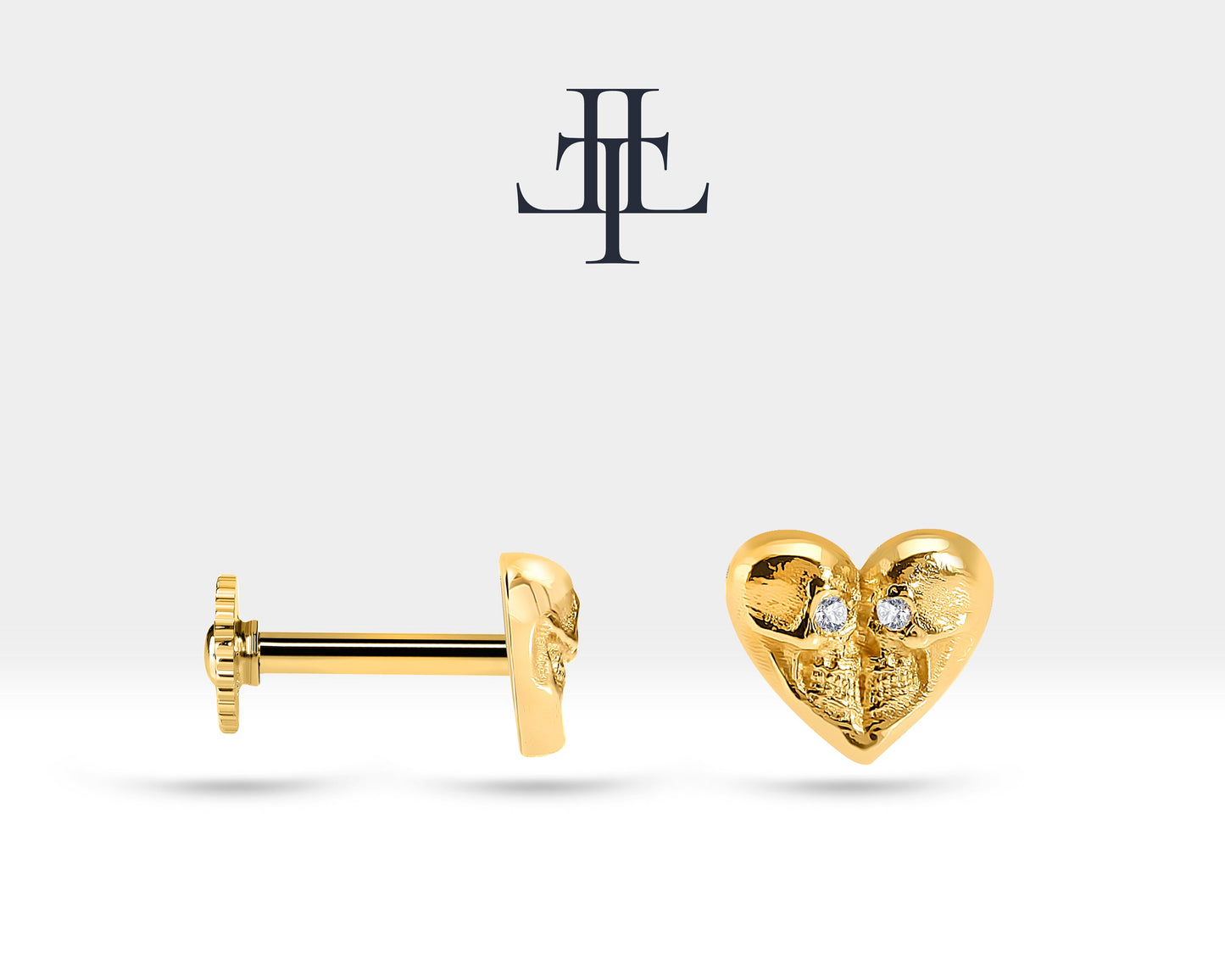 Kalp Kuru Kafa Pırlantalı Piercing, 8 MM , 1.2 MM, 14K Sarı-Beyaz-Kırmızı Altın | LP00023D