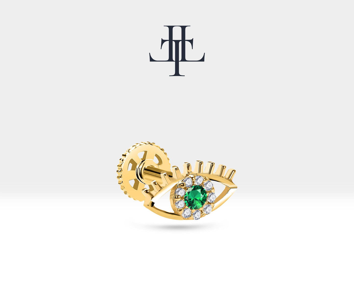 Yeşil Garnetlı Göz ve Pırlantalı Piercing, 8 MM , 1.2 MM, 14K Sarı-Beyaz-Kırmızı Altın | LP00013G
