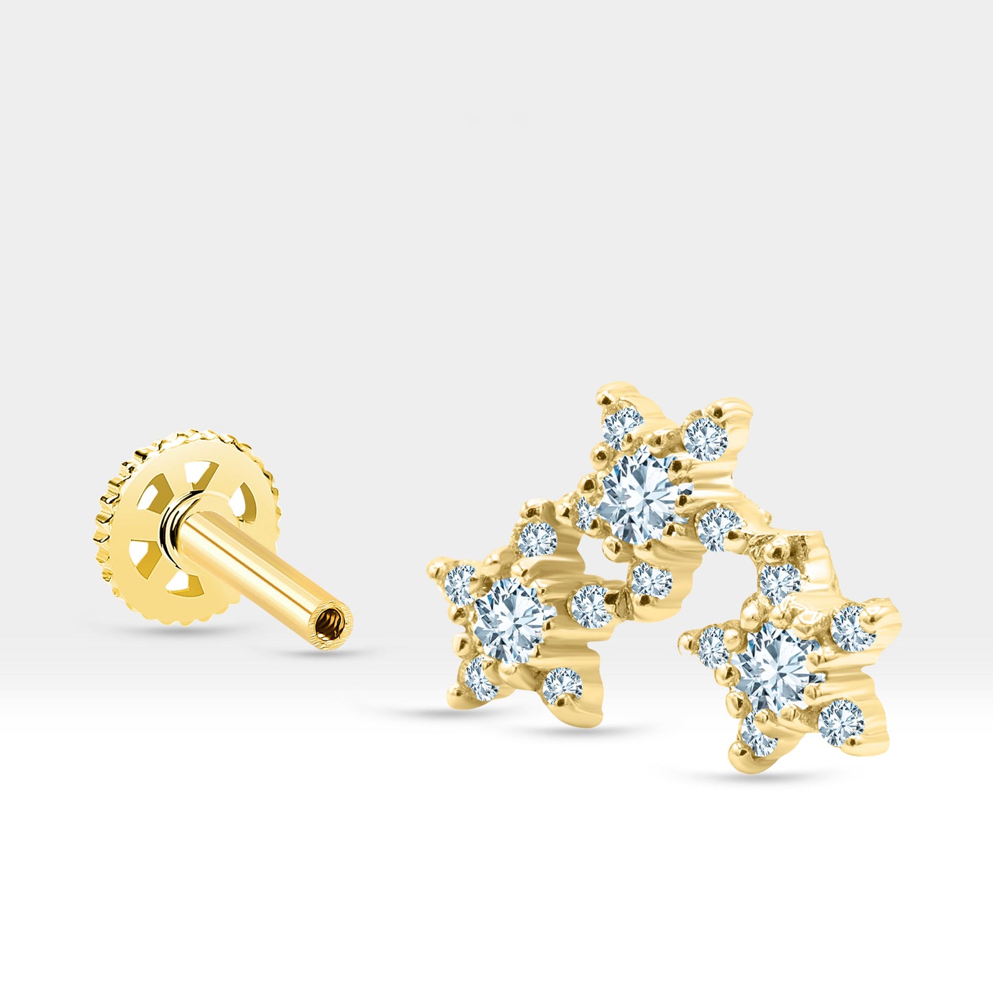 Üçlü Yıldız Pırlantalı Piercing, 8 MM , 1.2 MM, 14K Sarı-Beyaz-Kırmızı Altın | LP00041D
