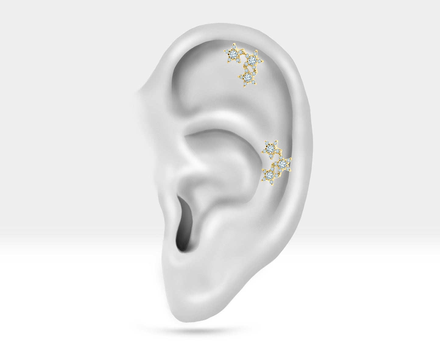 Üçlü Yıldız Pırlantalı Piercing, 8 MM , 1.2 MM, 14K Sarı-Beyaz-Kırmızı Altın | LP00041D
