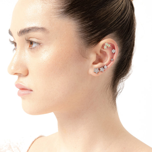 Üçlü Yıldız Pırlantalı Piercing, 8 MM , 1.2 MM, 14K Sarı-Beyaz-Kırmızı Altın | LP00041D