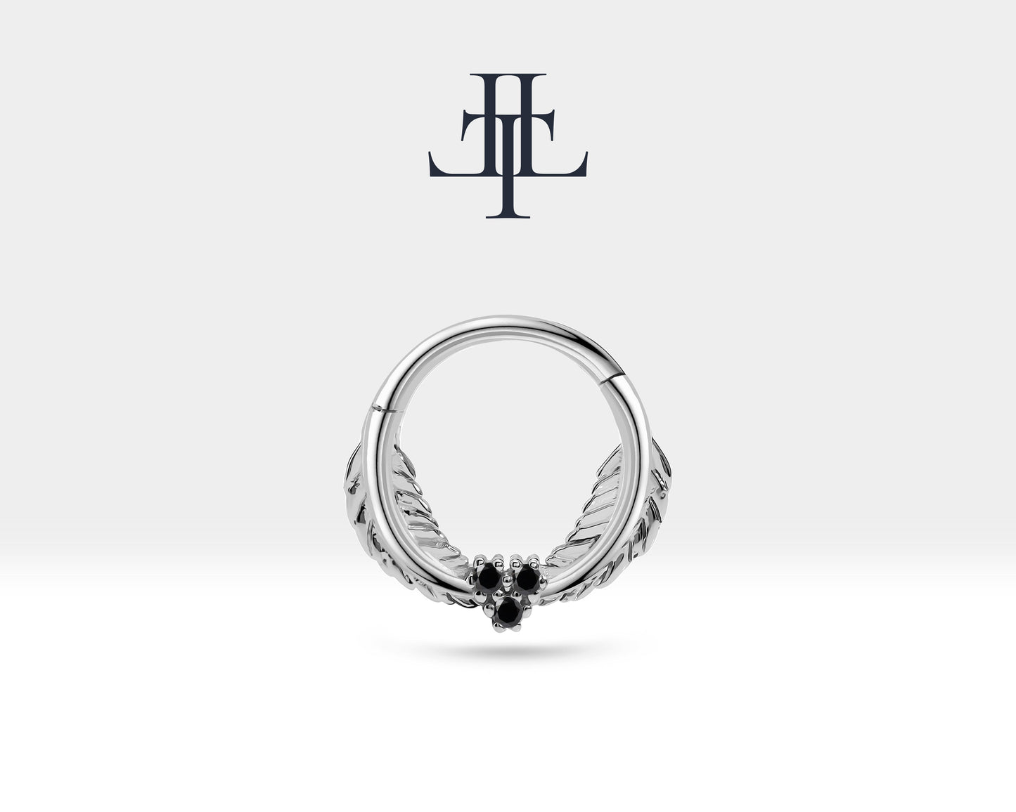 Yaprak Motifli Siyah Pırlantalı Halka Piercing, 12 MM , 1.2 MM, 14K Sarı-Beyaz-Kırmızı Altın | LC00003B