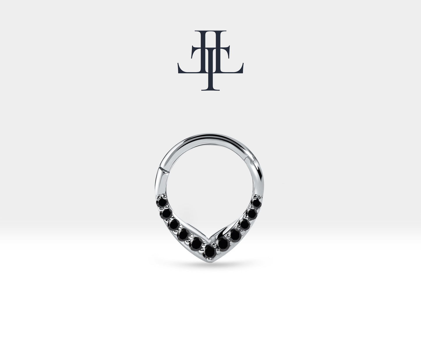 V Siyah Pırlantalı Halka Piercing, 9.70-11.50 MM , 1.2 MM, 14K Sarı-Beyaz-Kırmızı Altın | LC00049B