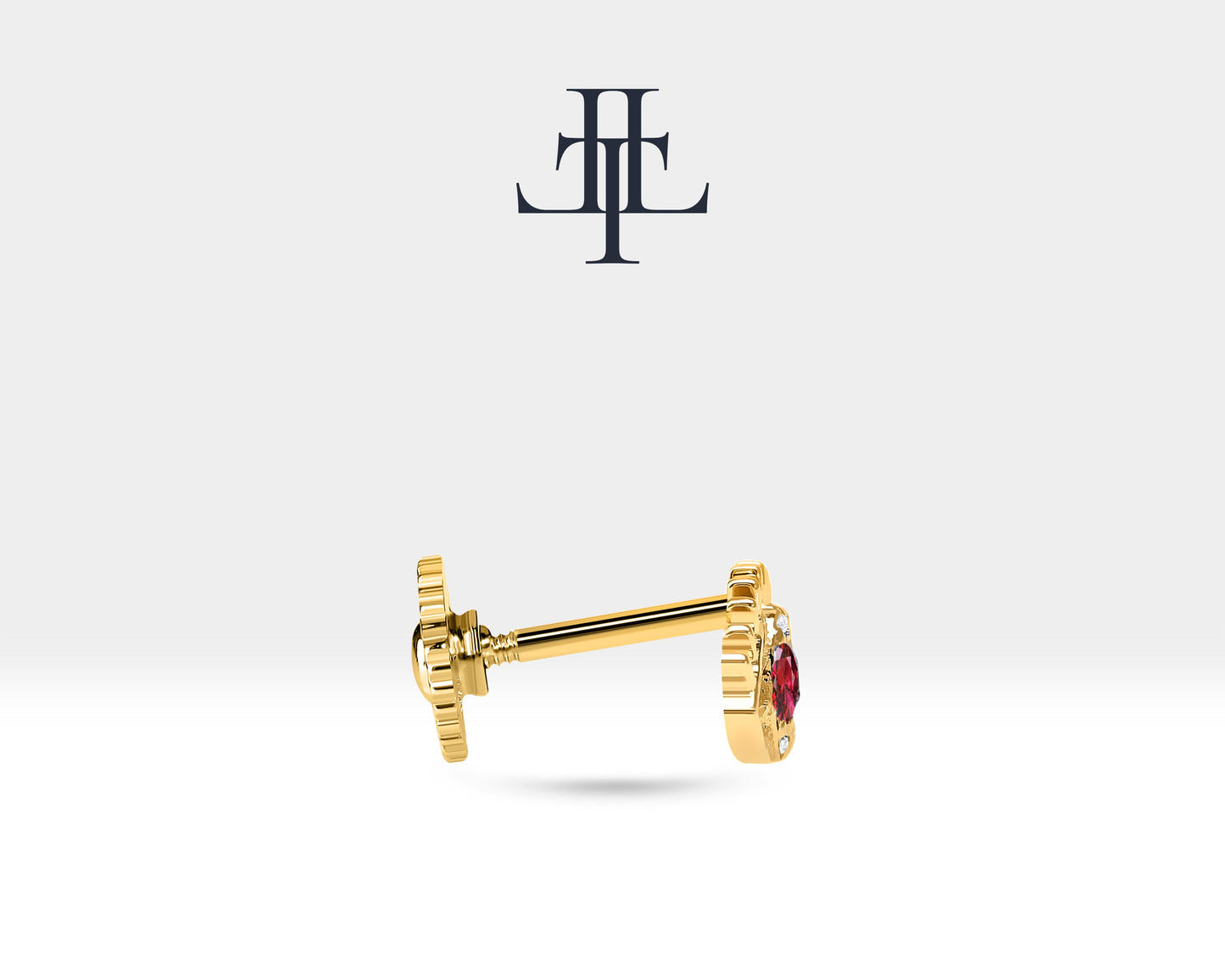 Yakutlu Göz ve Pırlantalı Piercing, 8 MM , 1.2 MM, 14K Sarı-Beyaz-Kırmızı Altın | LP00013R