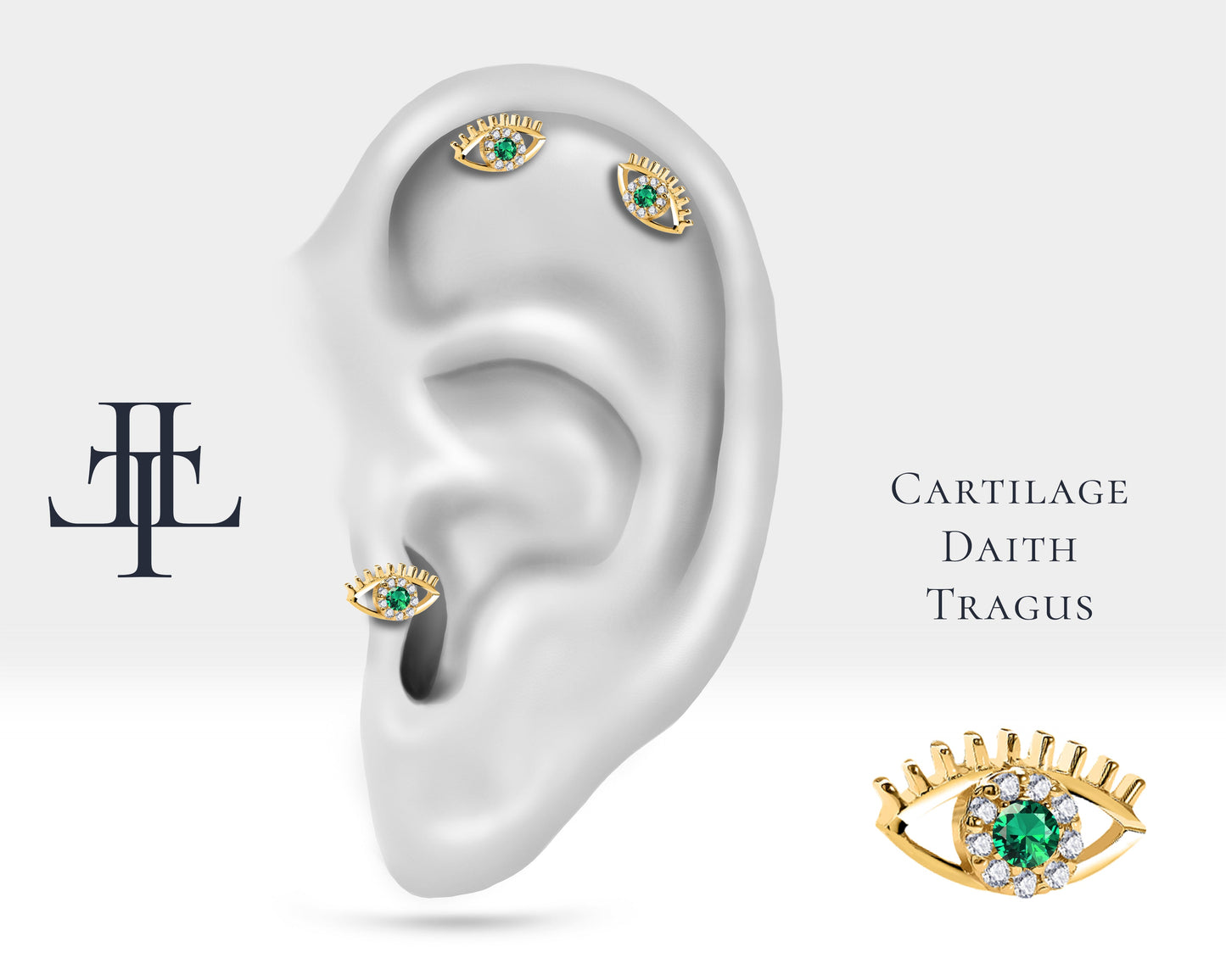 Yeşil Garnetlı Göz ve Pırlantalı Piercing, 8 MM , 1.2 MM, 14K Sarı-Beyaz-Kırmızı Altın | LP00013G