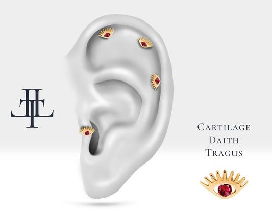 Yakutlu Göz Piercing, 8 MM , 1.2 MM, 14K Sarı-Beyaz-Kırmızı Altın | LP00012R