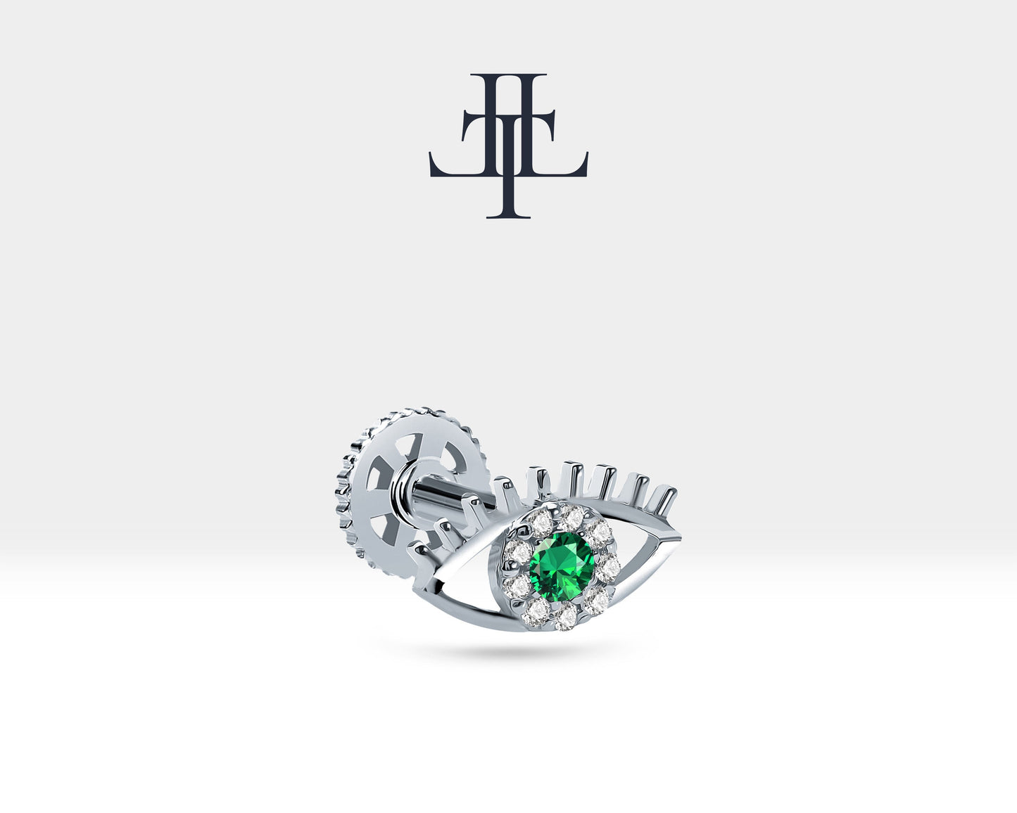 Yeşil Garnetlı Göz ve Pırlantalı Piercing, 8 MM , 1.2 MM, 14K Sarı-Beyaz-Kırmızı Altın | LP00013G