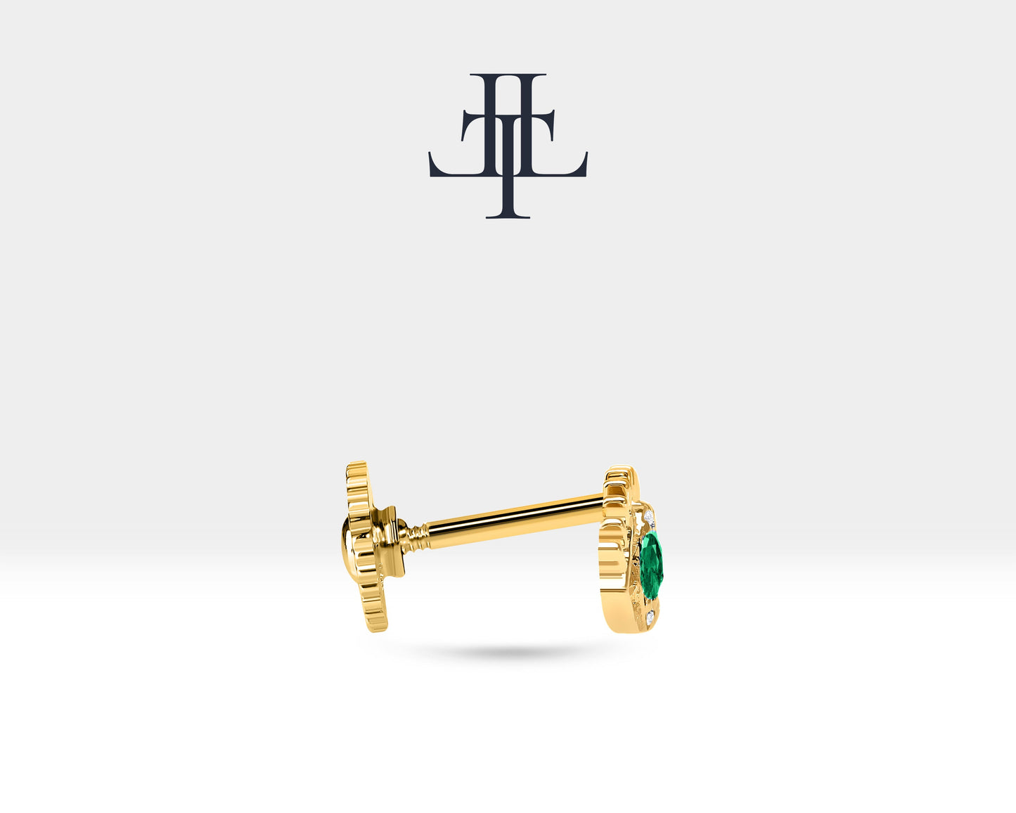 Yeşil Garnetlı Göz ve Pırlantalı Piercing, 8 MM , 1.2 MM, 14K Sarı-Beyaz-Kırmızı Altın | LP00013G