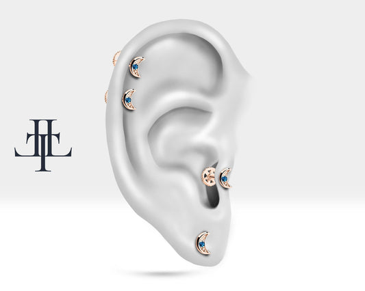 Minik Hilal Safirli Piercing, 8 MM , 1.2 MM, 14K Sarı-Beyaz-Kırmızı Altın | LP00015S