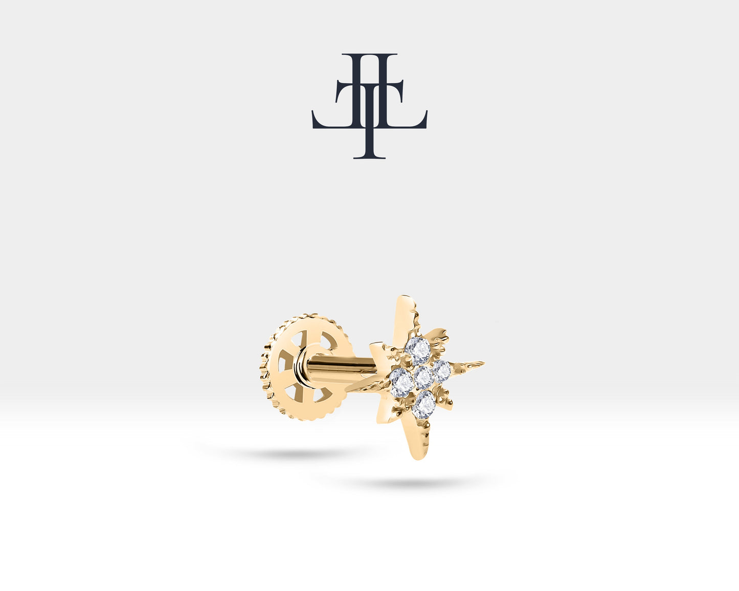 Pırlantalı Kutup Yıldızı Piercing, 8 MM , 1.2 MM, 14K Sarı-Beyaz-Kırmızı Altın | LP00001D