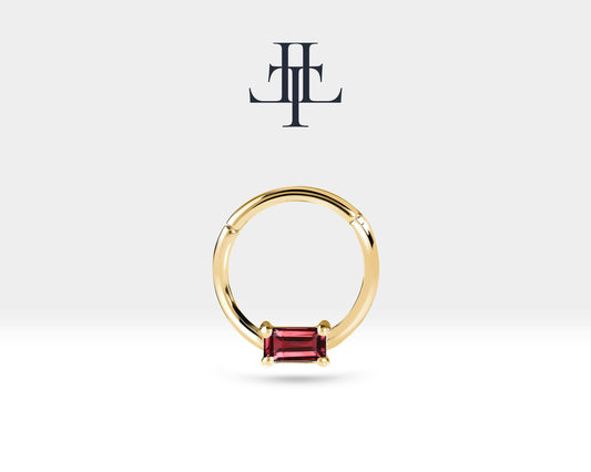 Baget Yakutlu Halka Piercing, 12 MM , 1.2 MM, 14K Sarı-Beyaz-Kırmızı Altın | LC00008R