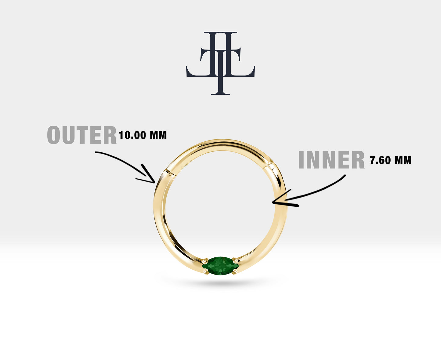 Markiz Zümrütlü Halka Piercing, 10-12 MM , 1.2 MM, 14K Sarı-Beyaz-Kırmızı Altın | LC00028E