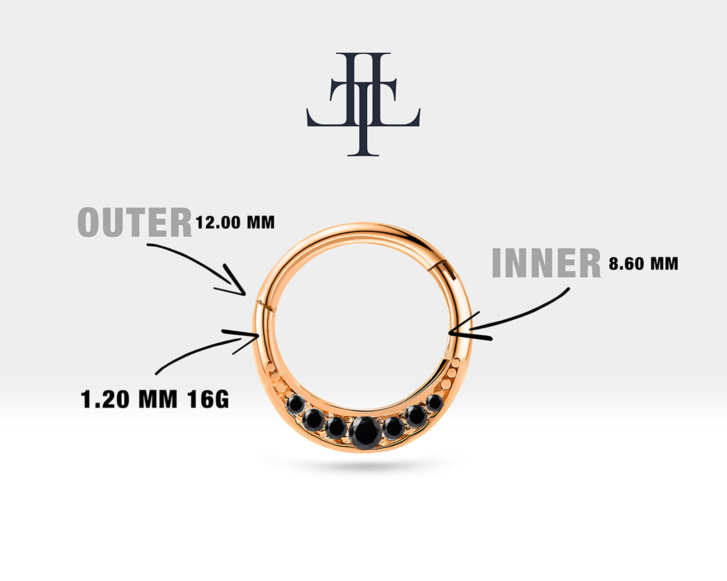 Siyah Pırlantalı Taç Halka Piercing, 12 MM , 1.2 MM, 14K Sarı-Beyaz-Kırmızı Altın | LC00039B