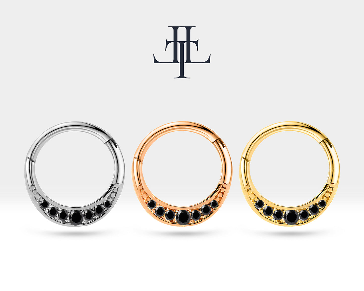 Siyah Pırlantalı Taç Halka Piercing, 12 MM , 1.2 MM, 14K Sarı-Beyaz-Kırmızı Altın | LC00039B