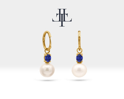 Oval Safir İnci Sallantılı Küpe, 14K Sarı-Beyaz-Kırmızı Altın | LE00079PS