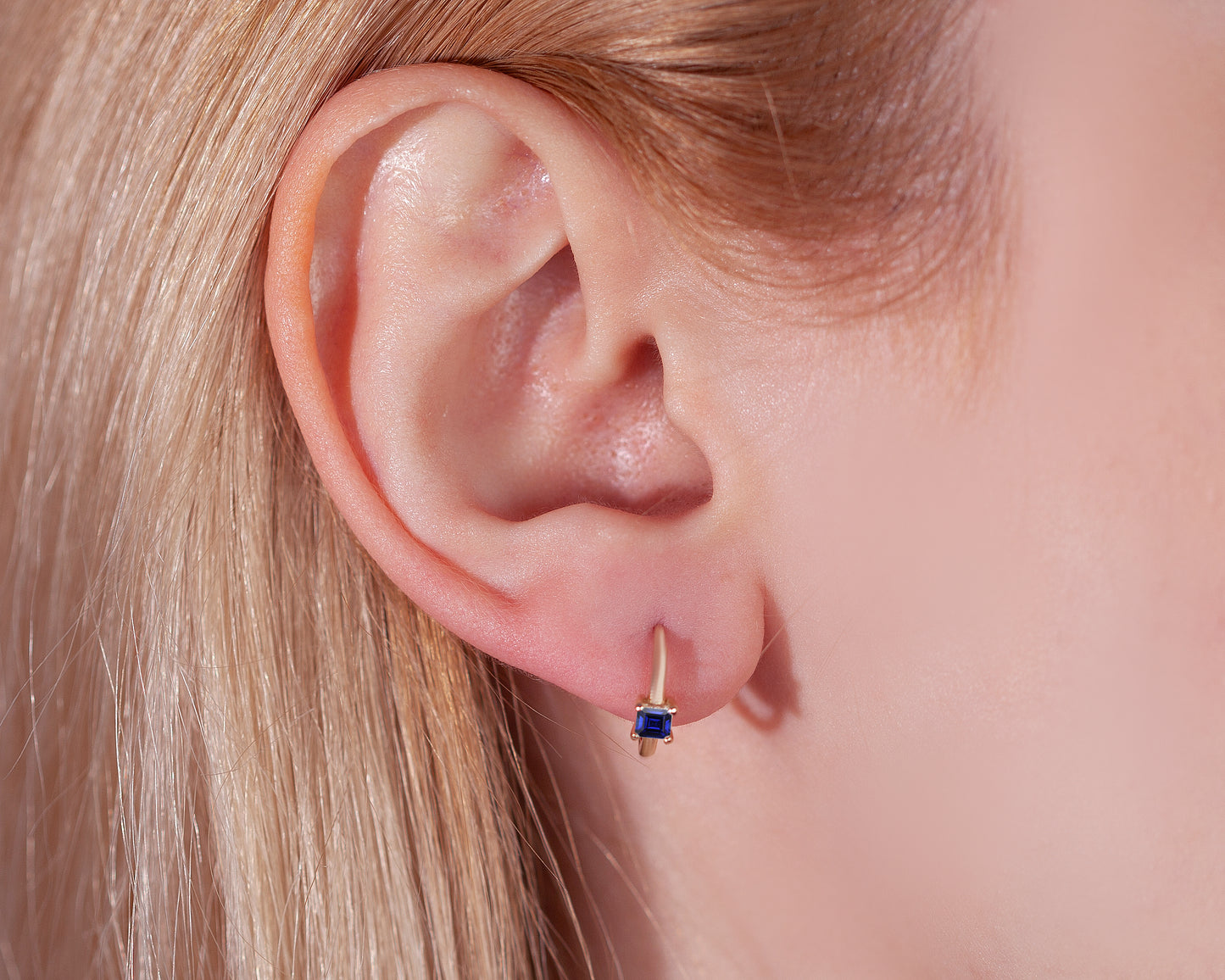 Prenses Safirli Küpe, 12 MM , 14K Sarı-Beyaz-Kırmızı Altın | LE00024S