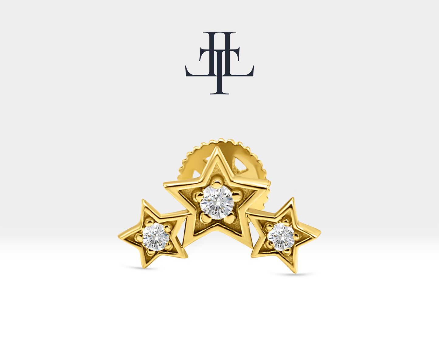 Üçlü Yıldız Pırlanta Piercing, 8 MM , 1.2 MM, 14K Sarı-Beyaz-Kırmızı Altın | LP00042D