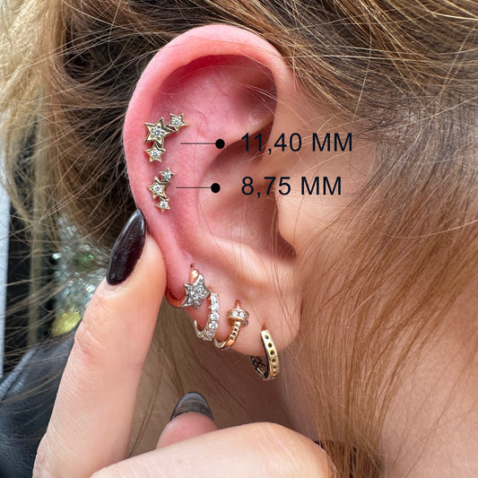 Üçlü Yıldız Pırlanta Piercing, 8 MM , 1.2 MM, 14K Sarı-Beyaz-Kırmızı Altın | LP00042D