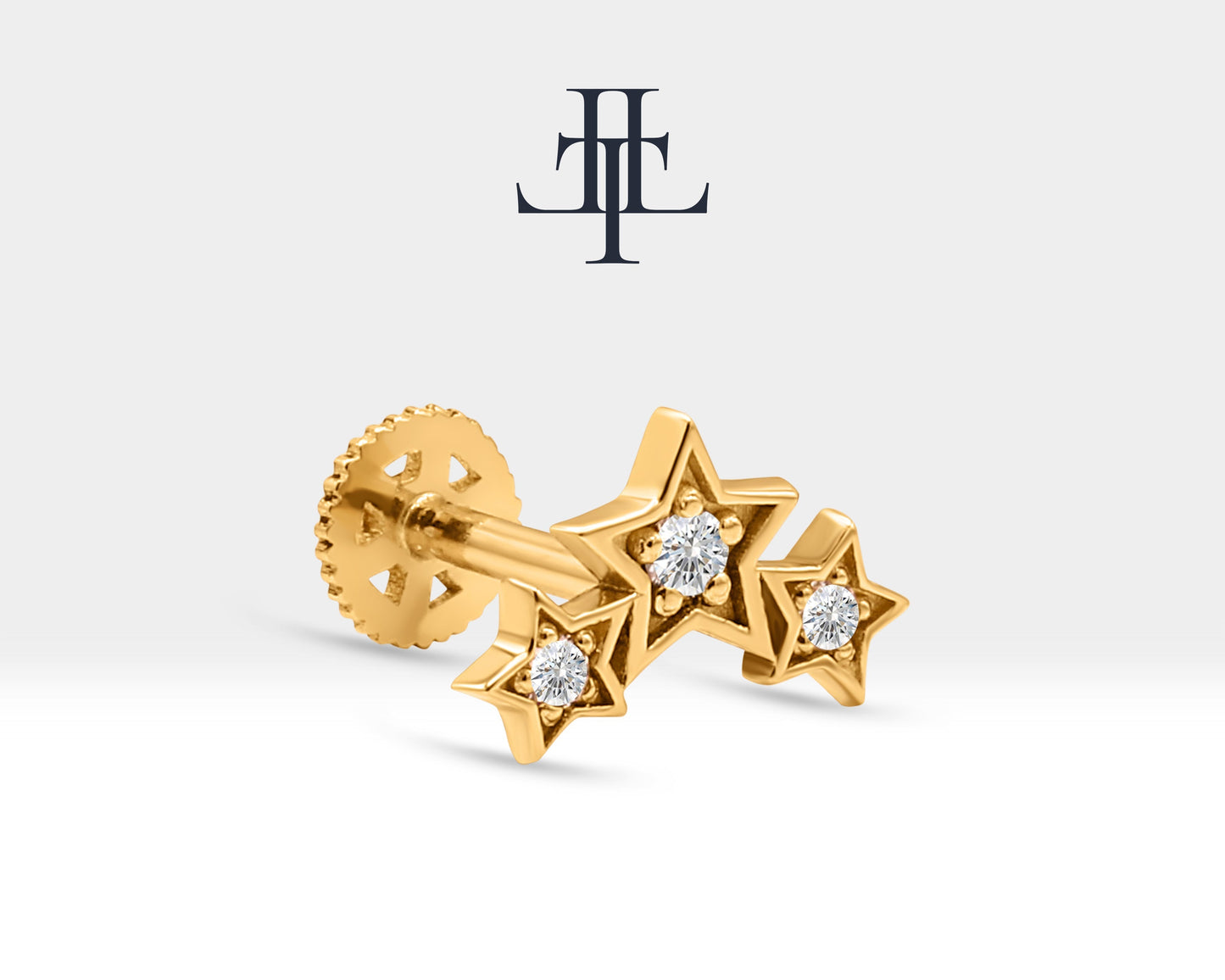 Üçlü Yıldız Pırlanta Piercing, 8 MM , 1.2 MM, 14K Sarı-Beyaz-Kırmızı Altın | LP00042D