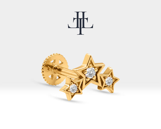 Üçlü Yıldız Pırlanta Piercing, 8 MM , 1.2 MM, 14K Sarı-Beyaz-Kırmızı Altın | LP00042D