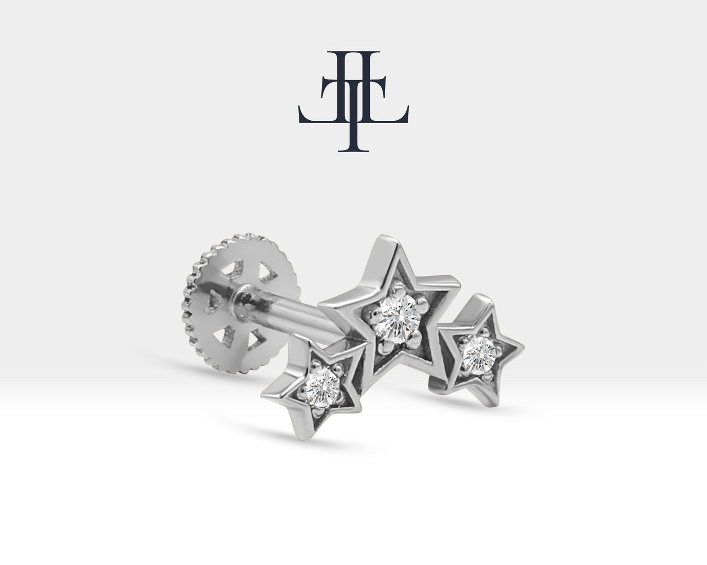 Üçlü Yıldız Pırlanta Piercing, 8 MM , 1.2 MM, 14K Sarı-Beyaz-Kırmızı Altın | LP00042D