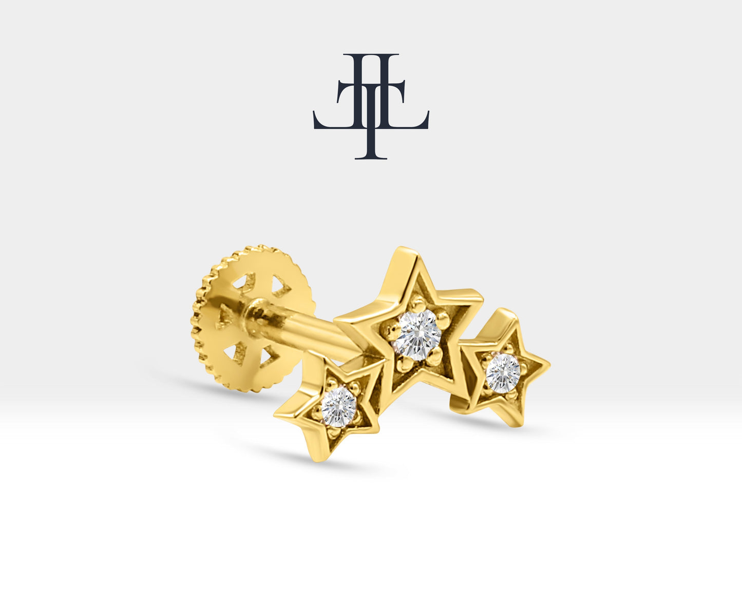 Üçlü Yıldız Pırlanta Piercing, 8 MM , 1.2 MM, 14K Sarı-Beyaz-Kırmızı Altın | LP00042D