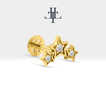 Üçlü Yıldız Pırlanta Piercing, 8 MM , 1.2 MM, 14K Sarı-Beyaz-Kırmızı Altın | LP00042D