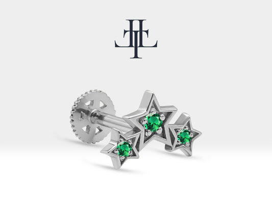 Üçlü Yıldız Yeşil Garnet Piercing, 8 MM , 1.2 MM, 14K Sarı-Beyaz-Kırmızı Altın | LP00042G