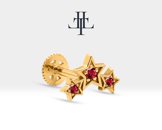 Üçlü Yıldız Yakut Piercing, 8 MM , 1.2 MM, 14K Sarı-Beyaz-Kırmızı Altın | LP00042R