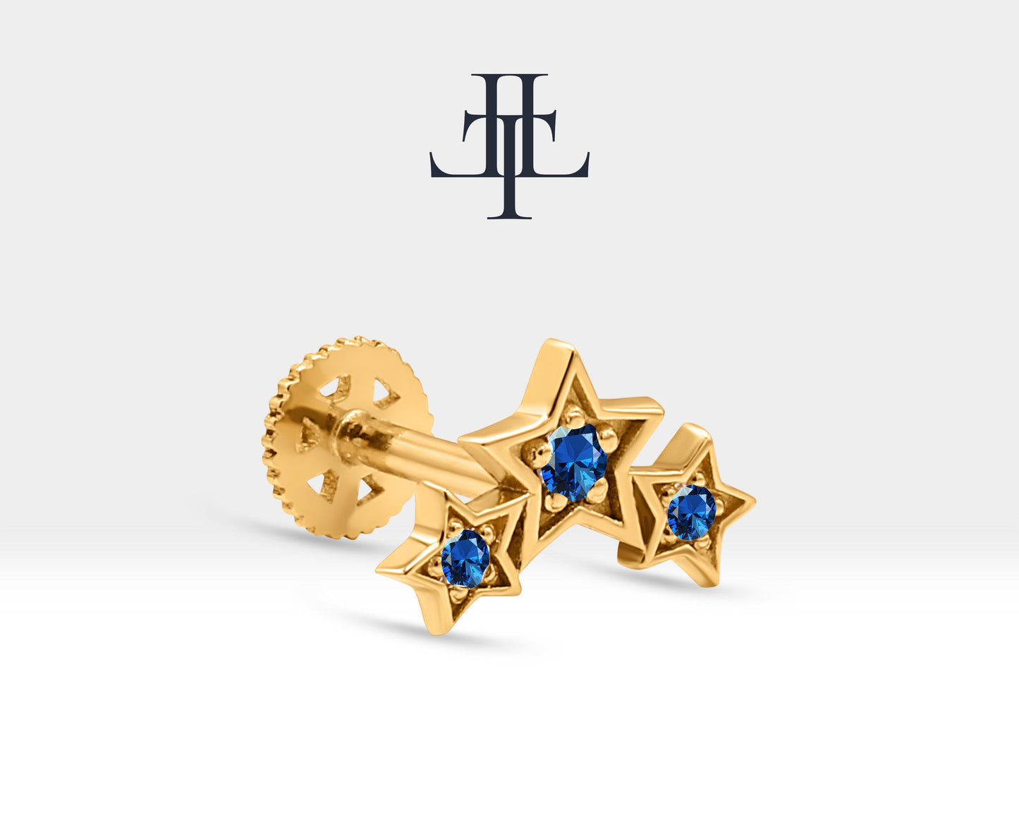 Üçlü Yıldız Safirli Piercing, 8 MM , 1.2 MM, 14K Sarı-Beyaz-Kırmızı Altın | LP00042S
