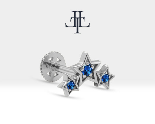 Üçlü Yıldız Safirli Piercing, 8 MM , 1.2 MM, 14K Sarı-Beyaz-Kırmızı Altın | LP00042S