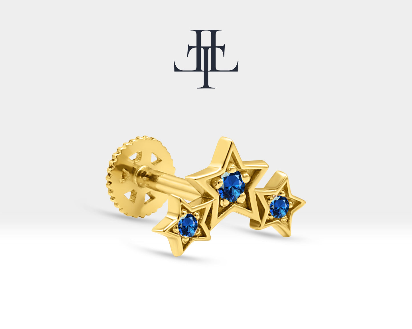 Üçlü Yıldız Safirli Piercing, 8 MM , 1.2 MM, 14K Sarı-Beyaz-Kırmızı Altın | LP00042S
