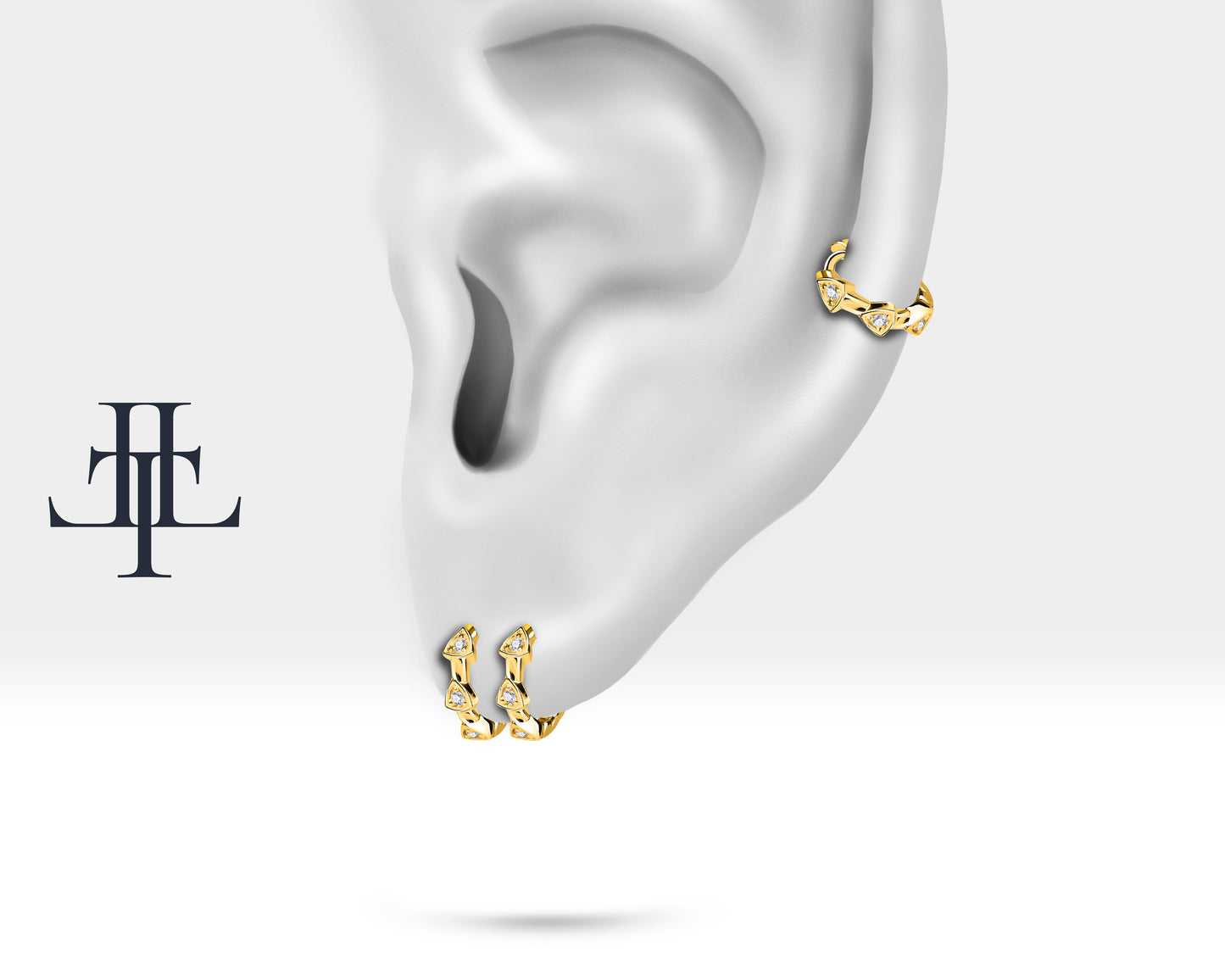 Pırlantalı Üçgen Motifli Küpe, 9.50 MM , 14K Sarı-Beyaz-Kırmızı Altın | LE00014D