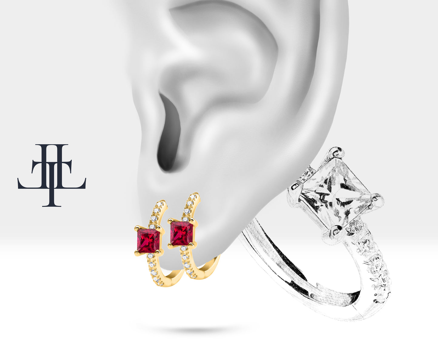 Prenses Yakut ve Pırlantalı Küpe, 12 MM , 14K Sarı-Beyaz-Kırmızı Altın | LE00010DR