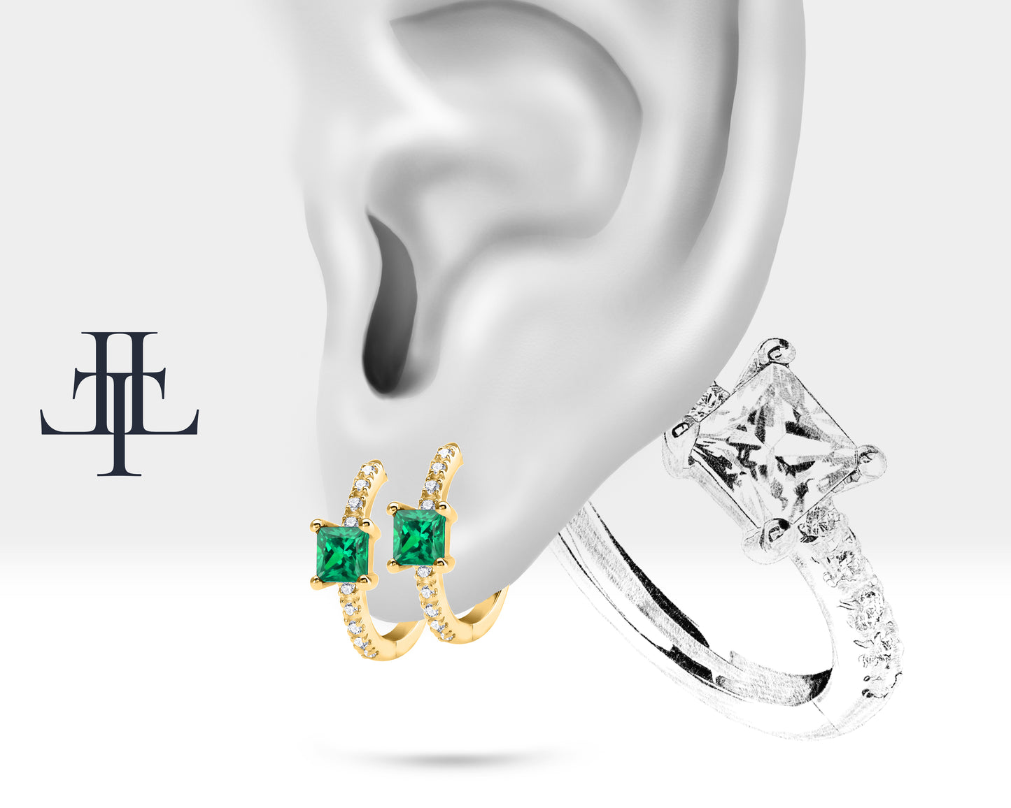 Prenses Zümrüt ve Pırlantalı Küpe, 12 MM , 14K Sarı-Beyaz-Kırmızı Altın | LE00010DE