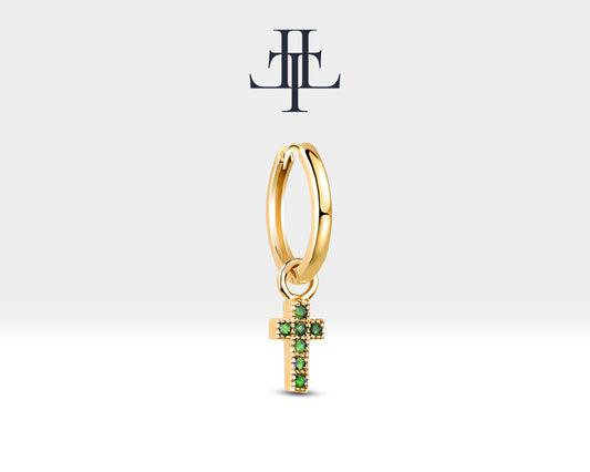 Yeşil Garnet Haç Sallantılı Küpe, 13 MM , 14K Sarı-Beyaz-Kırmızı Altın | LE00034G