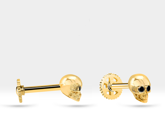 Siyah Pırlantalı Kuru Kafa Piercing, 8 MM , 1.2 MM, 14K Sarı-Beyaz-Kırmızı Altın | LP00011B