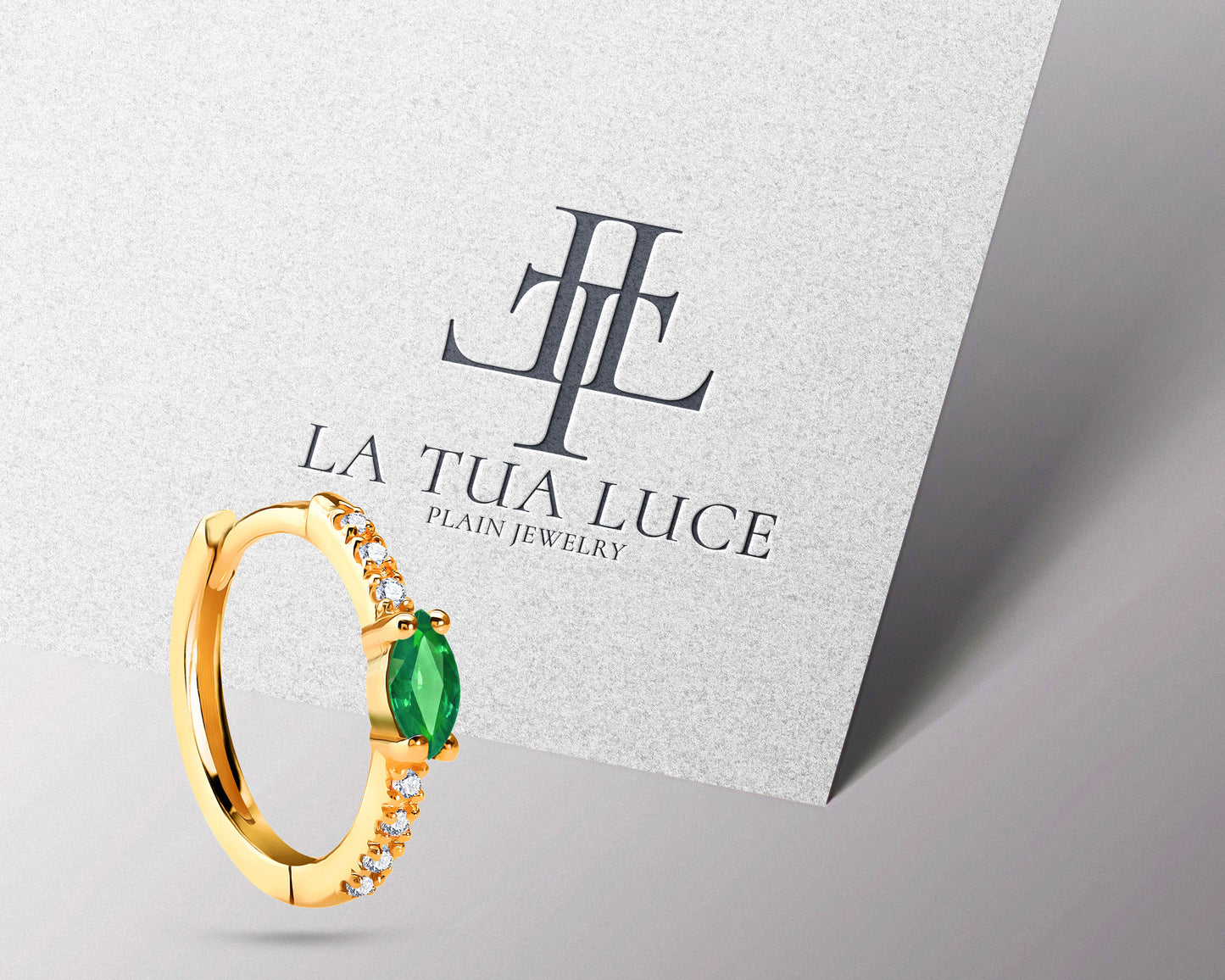 Markiz Zümrüt ve Pırlantalı Küpe, 12 MM , 14K Sarı-Beyaz-Kırmızı Altın | LE00003DE