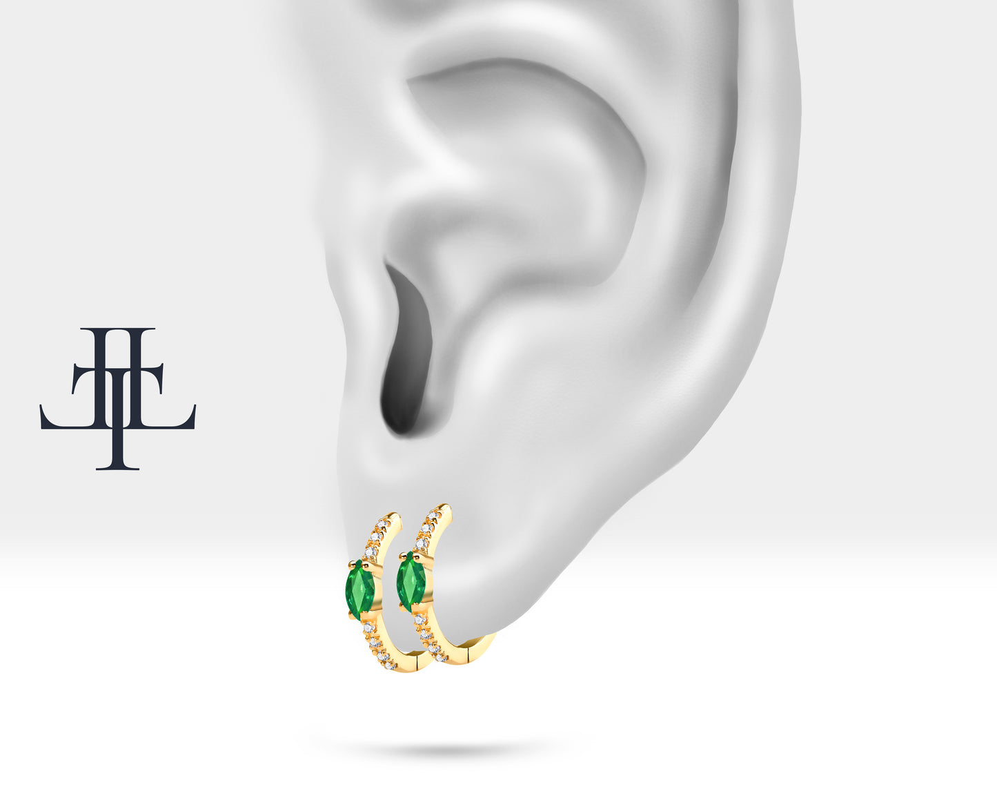 Markiz Zümrüt ve Pırlantalı Küpe, 12 MM , 14K Sarı-Beyaz-Kırmızı Altın | LE00003DE