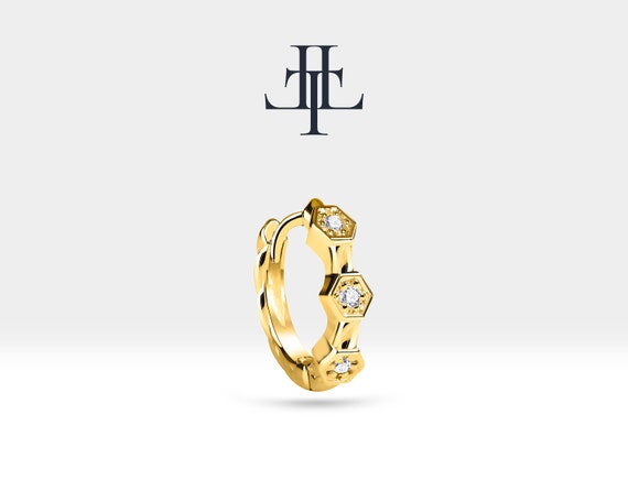 Pırlantalı Altıgen Motifli Küpe, 9.50 MM , 14K Sarı-Beyaz-Kırmızı Altın | LE00016D