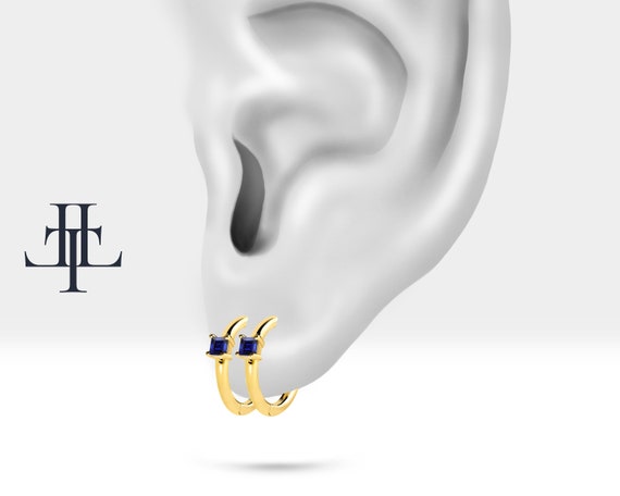 Prenses Safirli Küpe, 12 MM , 14K Sarı-Beyaz-Kırmızı Altın | LE00024S