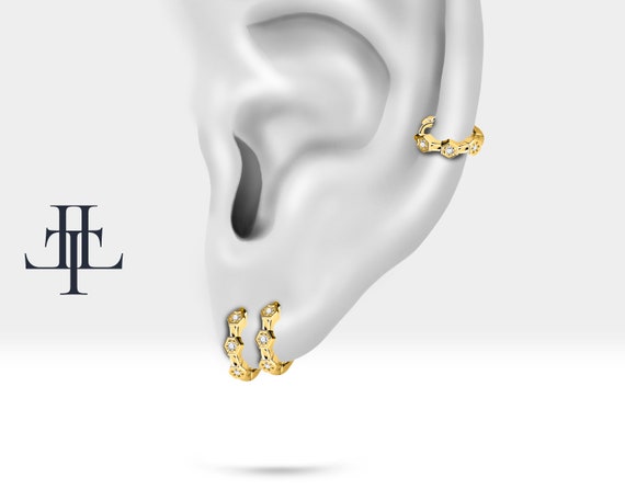 Pırlantalı Altıgen Motifli Küpe, 9.50 MM , 14K Sarı-Beyaz-Kırmızı Altın | LE00016D