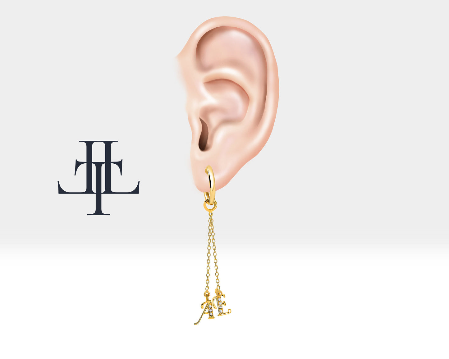 Sallantılı Pırlantalı Harf Küpe, 12 MM , 14K Sarı-Beyaz-Kırmızı Altın | LE00032D