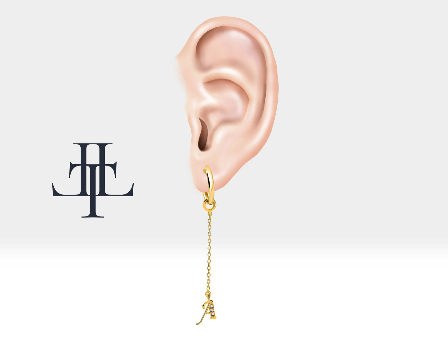 Sallantılı Pırlantalı Harf Küpe, 12 MM , 14K Sarı-Beyaz-Kırmızı Altın | LE00032D