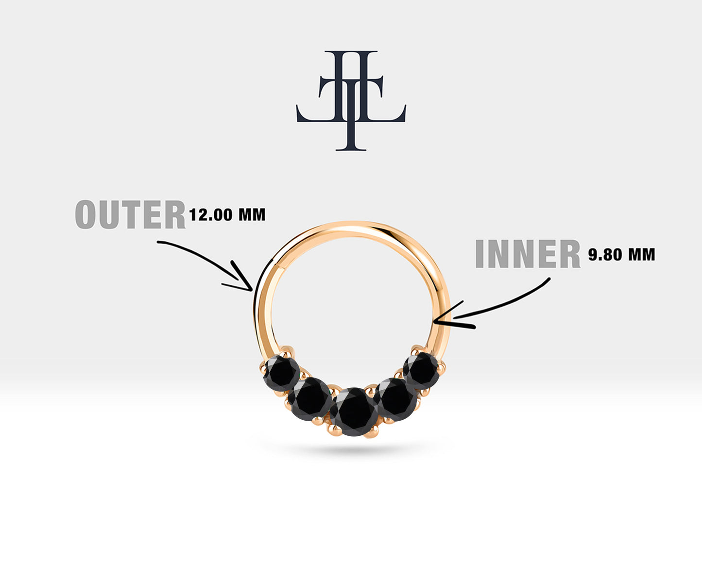 Beş Taşlı Siyah Pırlantalı Halka Piercing, 12 MM , 1.2 MM, 14K Sarı-Beyaz-Kırmızı Altın | LC00020B