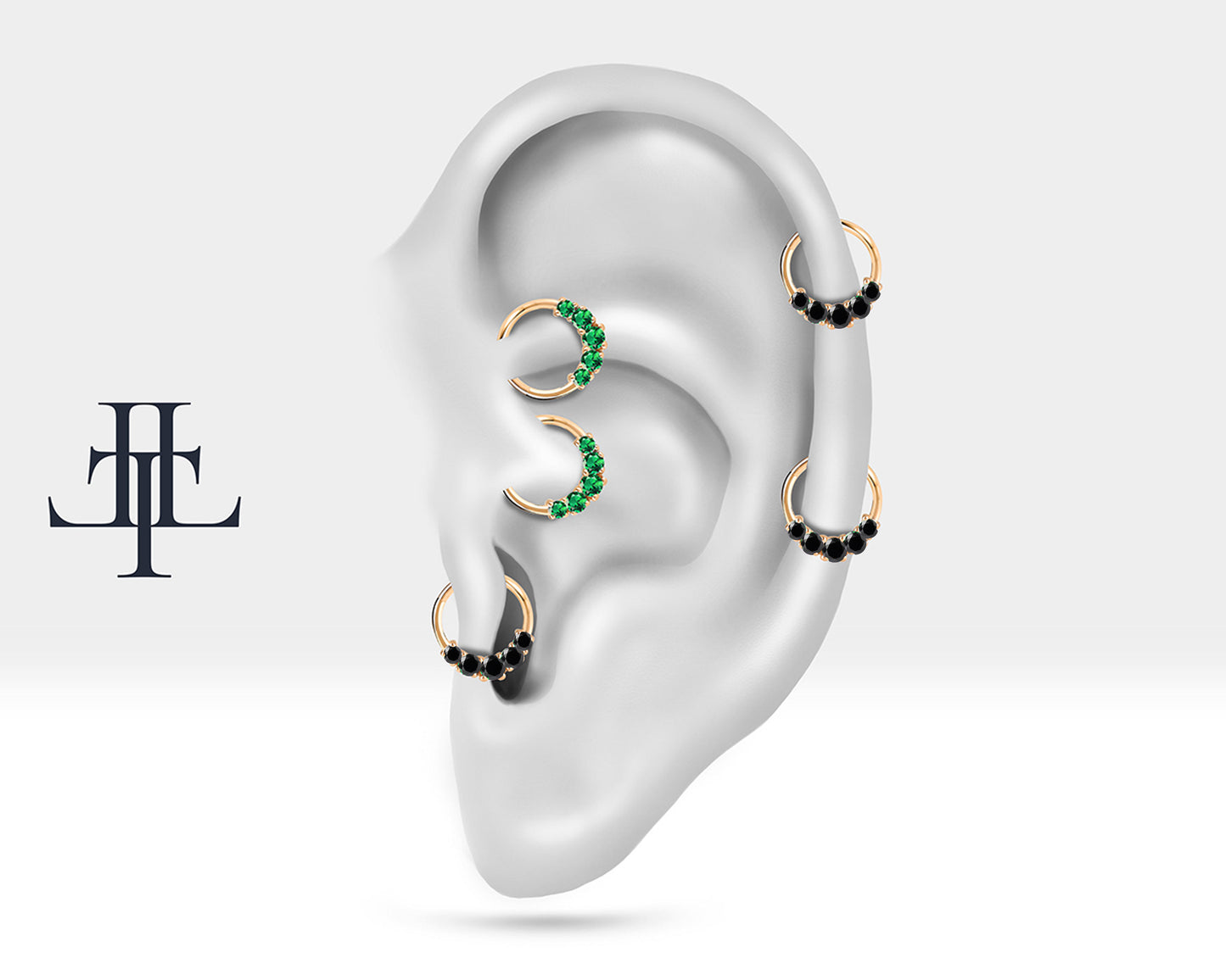 Beş Taşlı Siyah Pırlantalı Halka Piercing, 12 MM , 1.2 MM, 14K Sarı-Beyaz-Kırmızı Altın | LC00020B